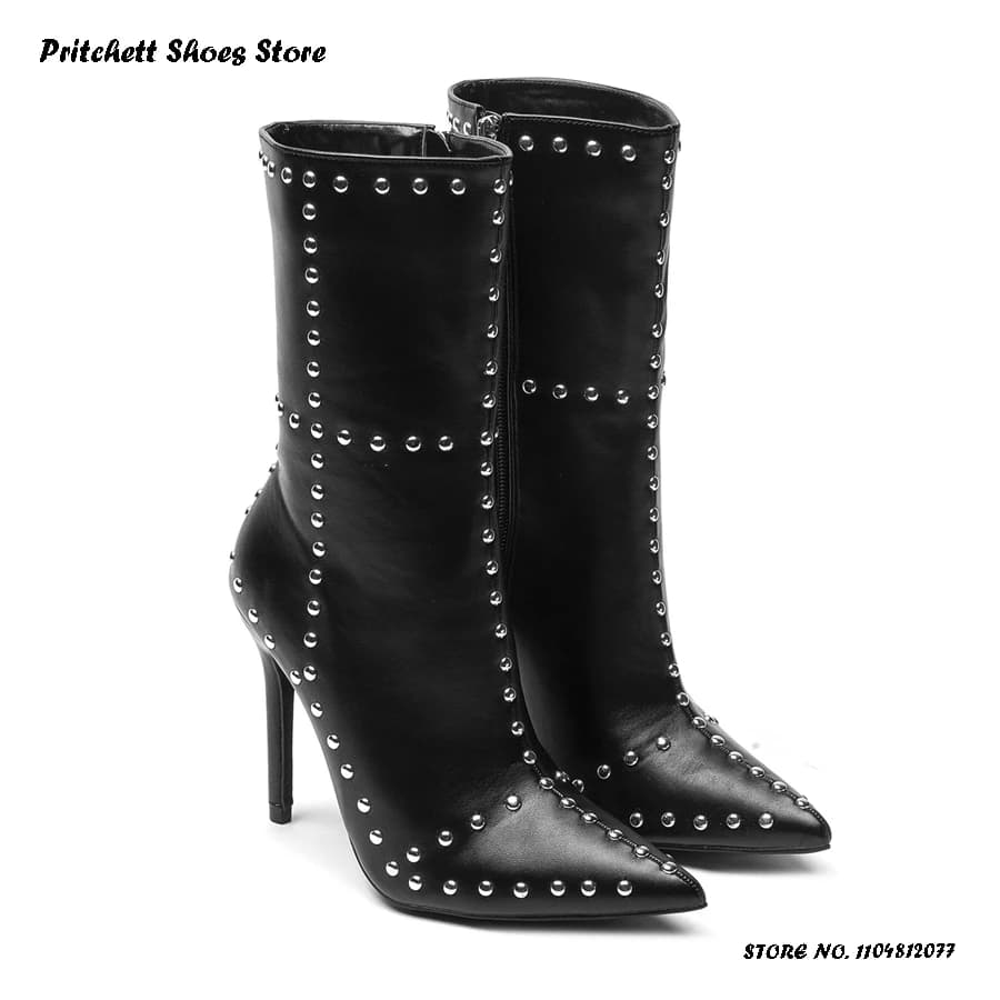 Stivaletti a spillo in pelle con borchie da donna Primavera Autunno Zip laterale Parry Stivaletti da ufficio Punta a punta Tacchi sottili Scarpe stile britannico