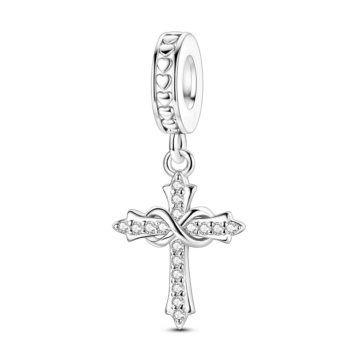Sterling 925 Sterling Silver Cross and Heart Pendants with Transparent Zirconia, Infinite Beads for Women's Bracelets and Necklaces, Easter Gift Benedict and Commemoration