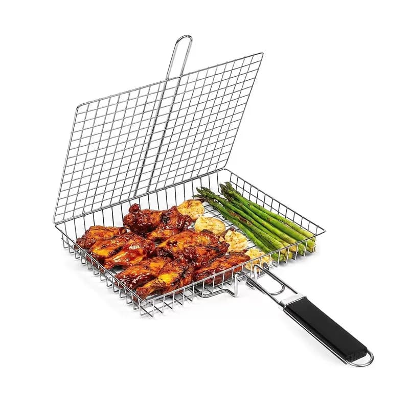 Pinza per Barbecue in Acciaio Inox con Manico Pieghevole, Rete Multifunzionale per Grigliare Pesce e Verdure, Utensile per Barbecue