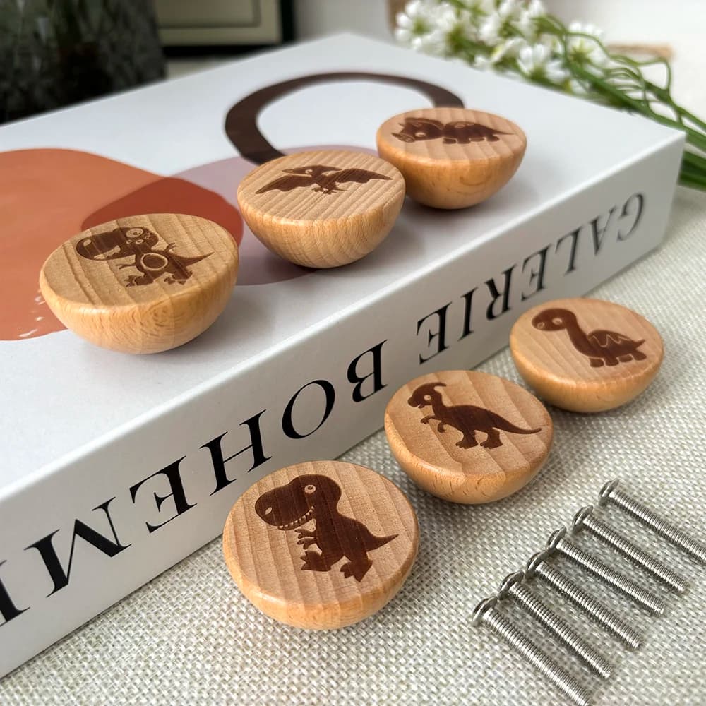 6 pezzi in legno di faggio inciso simpatico dinosauro a forma di ciotola comò manopola armadio da cucina tira manopole per cassetti a foro singolo maniglia per mobili