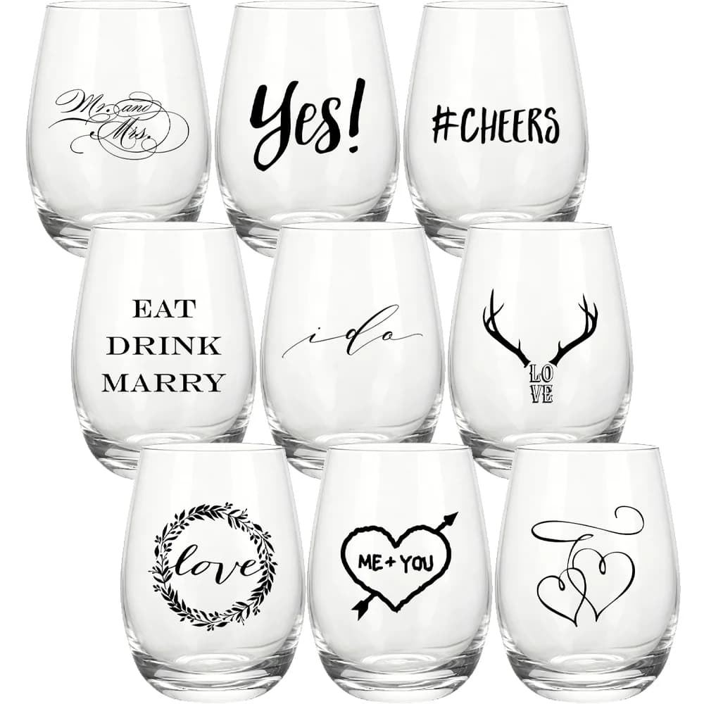 Bicchieri da vino senza stelo personalizzati per matrimonio, 9 modelli tra cui scegliere, utili come bomboniere, regalo di ringraziamento per gli ospiti, accessori per bar nuziali