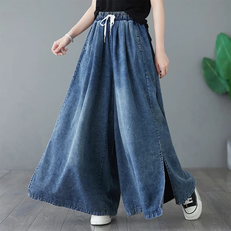 Retro Washed Distressed High Waist Wide Leg Pants Casual Loose Skirt for plus Size Women with Drawstring Split Denim Jeans