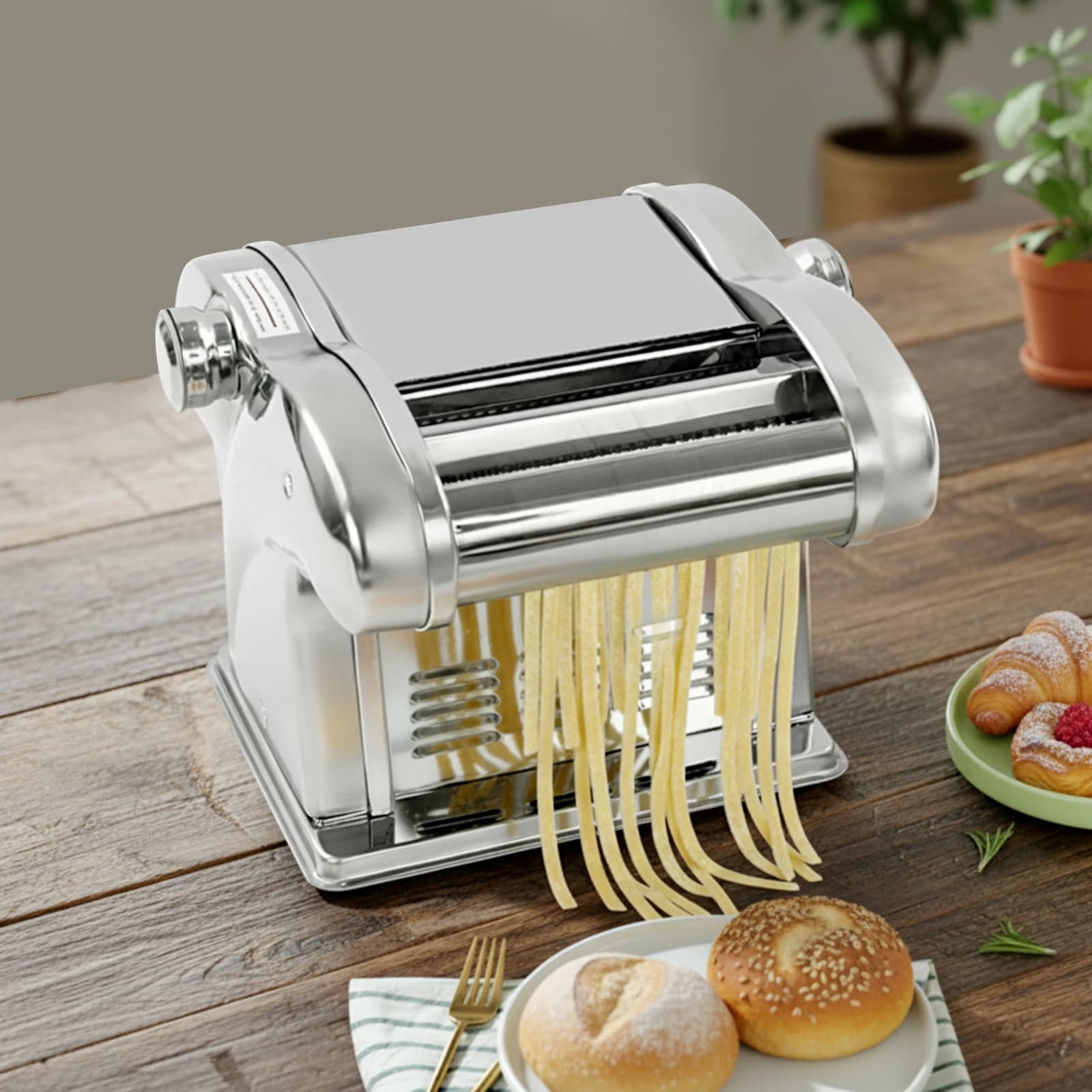 Electric Pasta Machine Stainless Steel Noodle Maker with 3 Blades 8-Level Thickness Adjustable 0.5-4mm Dough Presser 135W US Plug for Homemade Lasagna Spaghetti Dumpling Wrappers Kitchen Appliance