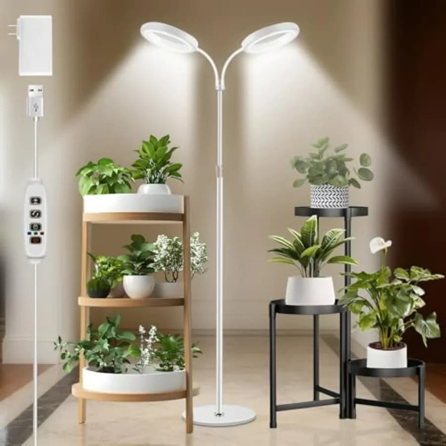 Luci LED da interno per coltivazione a pavimento con supporto regolabile 67 per piante grandi e alte, spettro completo, timer 3/9/12H, 3 modalità luce, 2 teste B