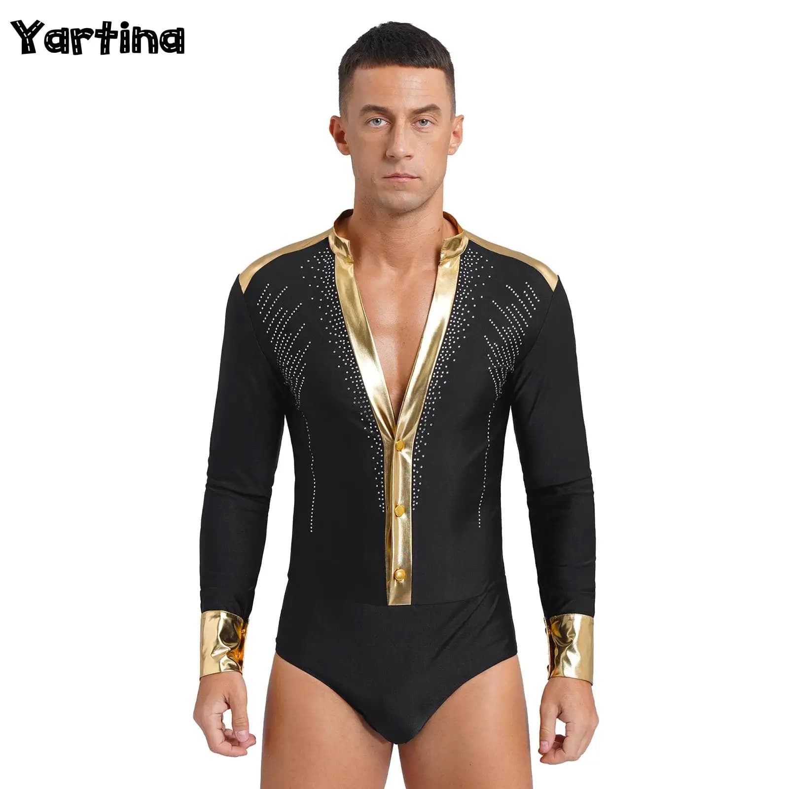Abiti da ballo latino con strass lucidi metallici da uomo Samba Ballo da sala Body Tuta Ginnastica Figura Pattinaggio su ghiaccio Costume