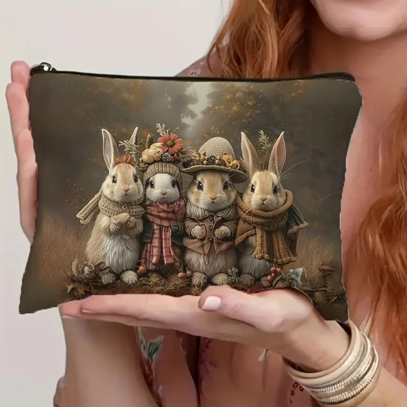 1pc Retro Easter Bunny Makeup Bag -Durable, Non-Fading Zipper Pouch, Lightweight & Foldable Travel Organizer Rabbit Accessories