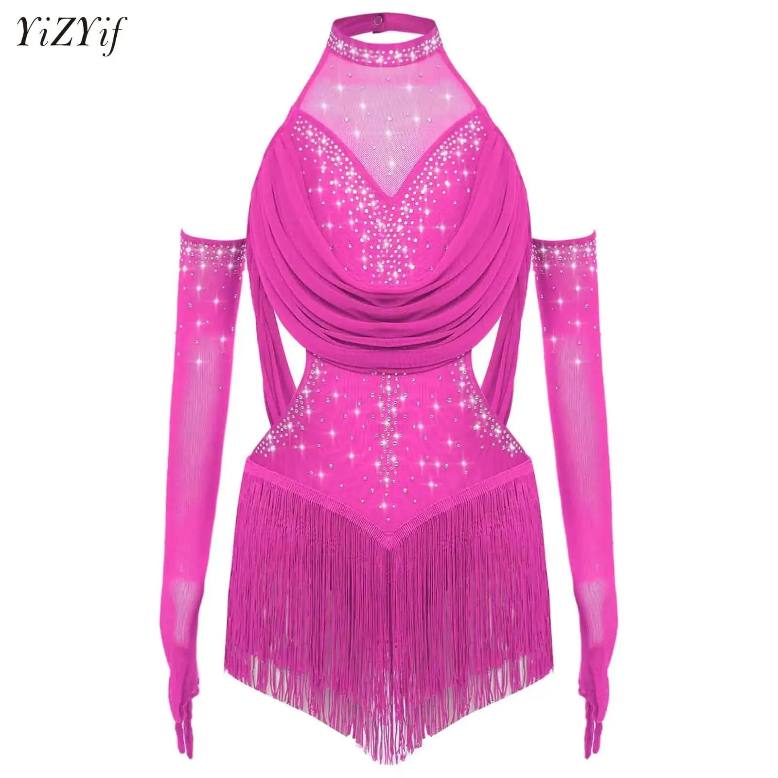 Maglia da pattinaggio di figura per ragazze, ginnastica, jazz, body latino con guanti, body da ballo per spettacoli teatrali di danza lirica moderna