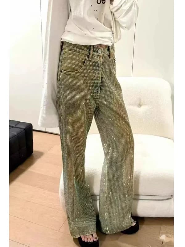 2026 New Design Sensation Diamond Embellished Loose Slim Straight Wide Leg Floor Length Jeans Women's High Waist Zipper Closure