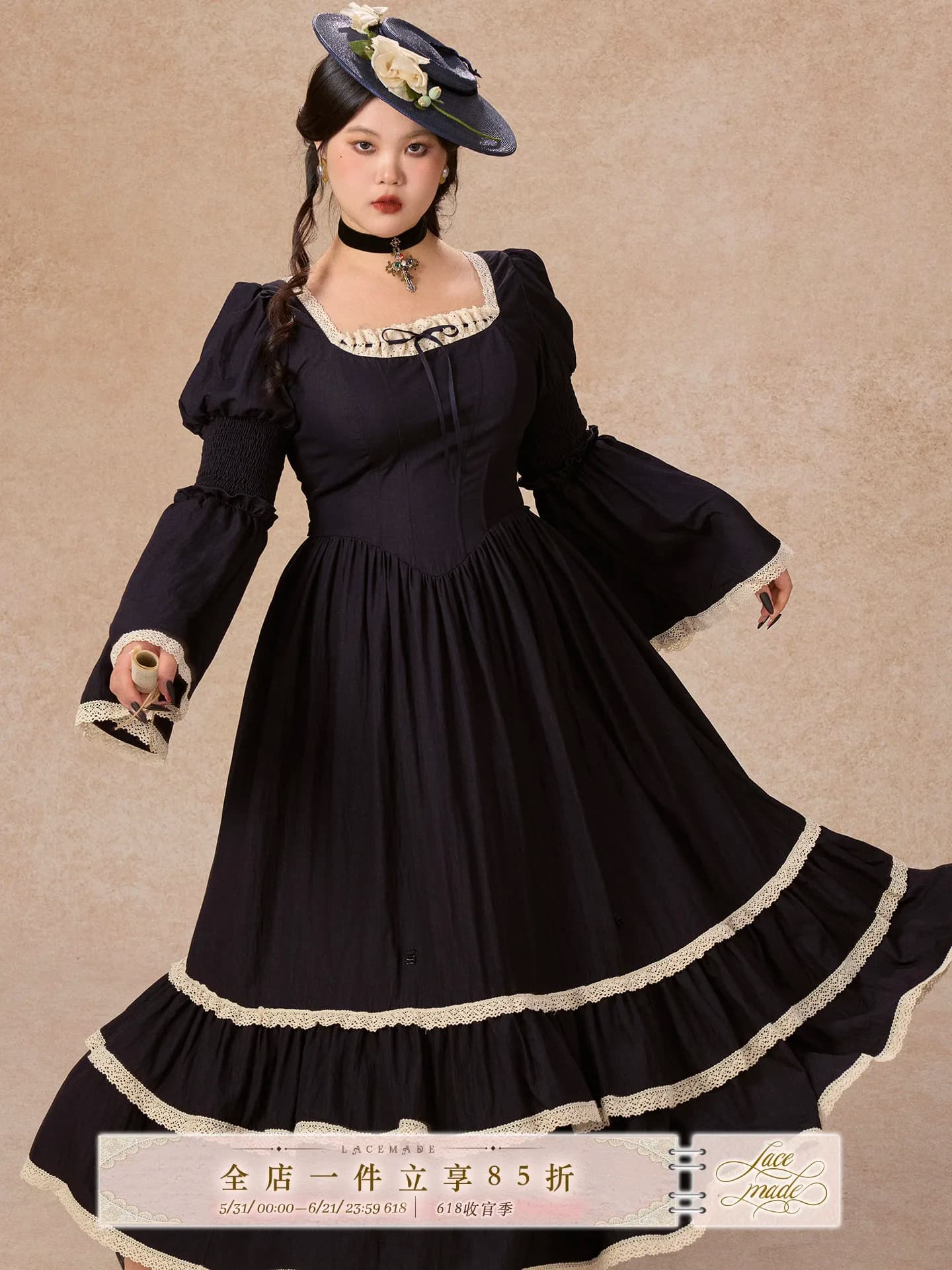 Deep Blue Fishbone Long Dress Women's plus Size Halloween Gown Court Style Lace Made A-Line Skirt Zipper Back Design Bell Sleeve
