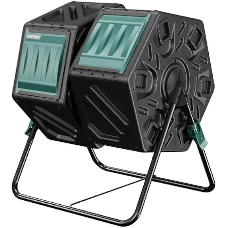 Dual-chamber rotating compost bin with 37-gallon total capacity, rectangular metal-plastic construction, black UV-resistant fini
