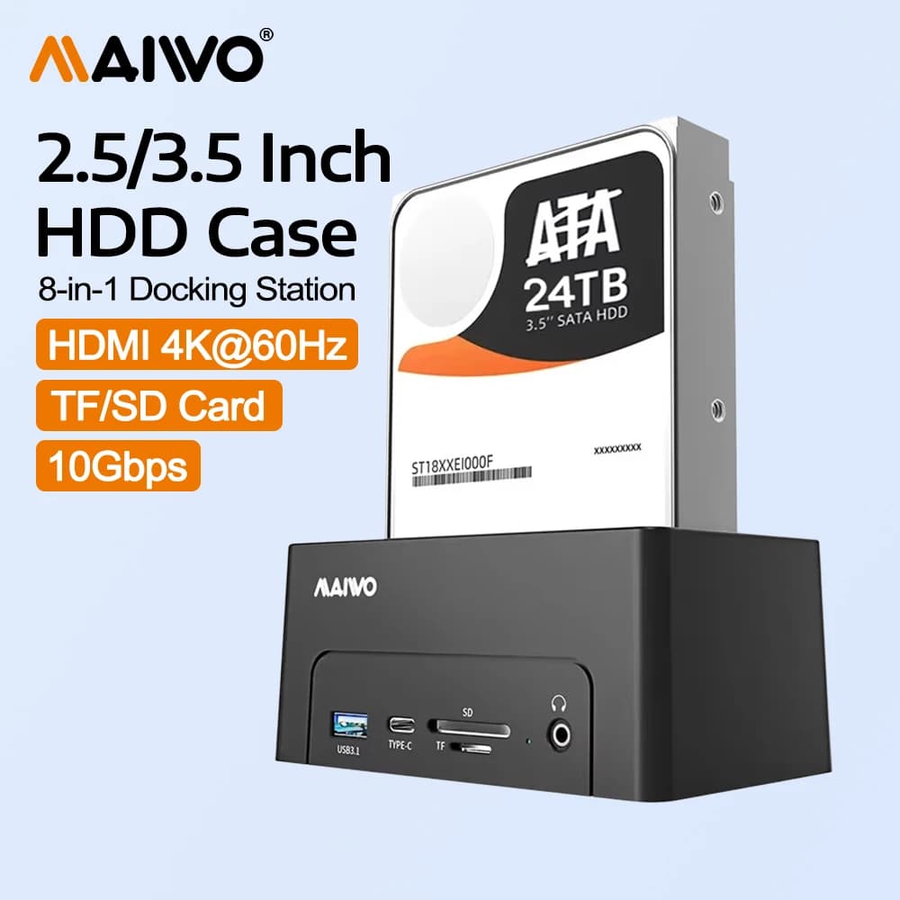 MAIWO Docking Station per Hard Drive 8-in-1 10Gbps, Case per HDD da 2.5/3.5 pollici con HDMI 4K@60Hz, Porta per Schede SD/TF, Adattatore Ethernet Gigabit