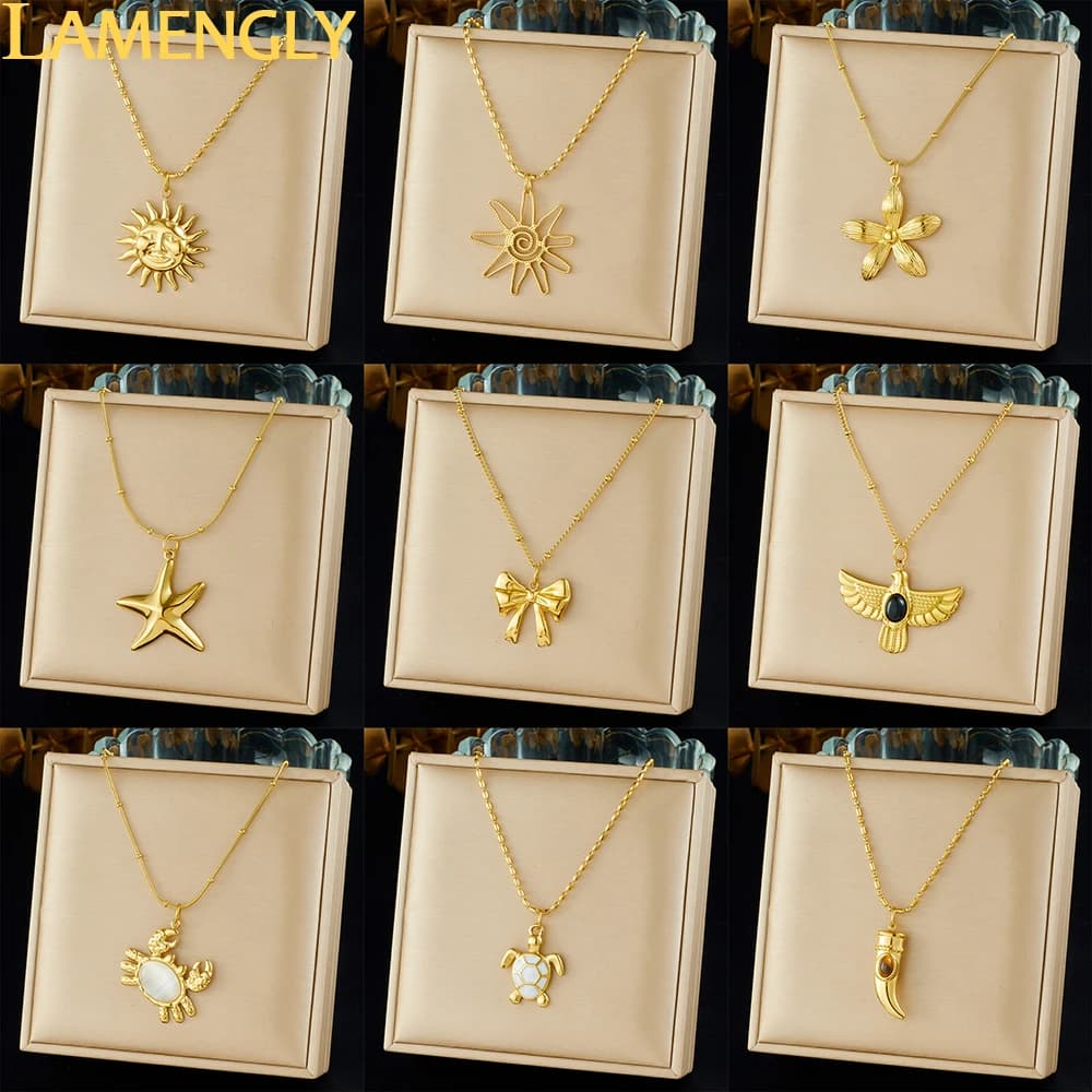 LAMENGLY Acciaio inossidabile 316L Classico geometria semplice Arco del sole Fiore Animale marino Collana con ciondolo Donna Nuova tendenza Catena al collo