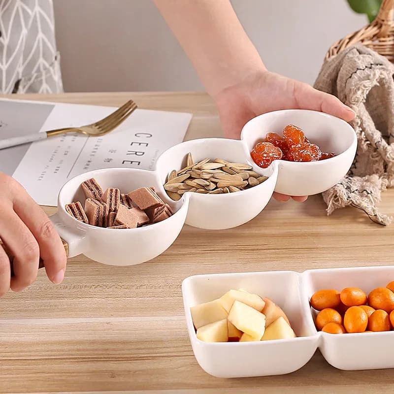 Ciotola in ceramica per uso domestico con griglia con manico in legno, piatto per Snack, piatto per frutta secca, all'ingrosso, commerciale