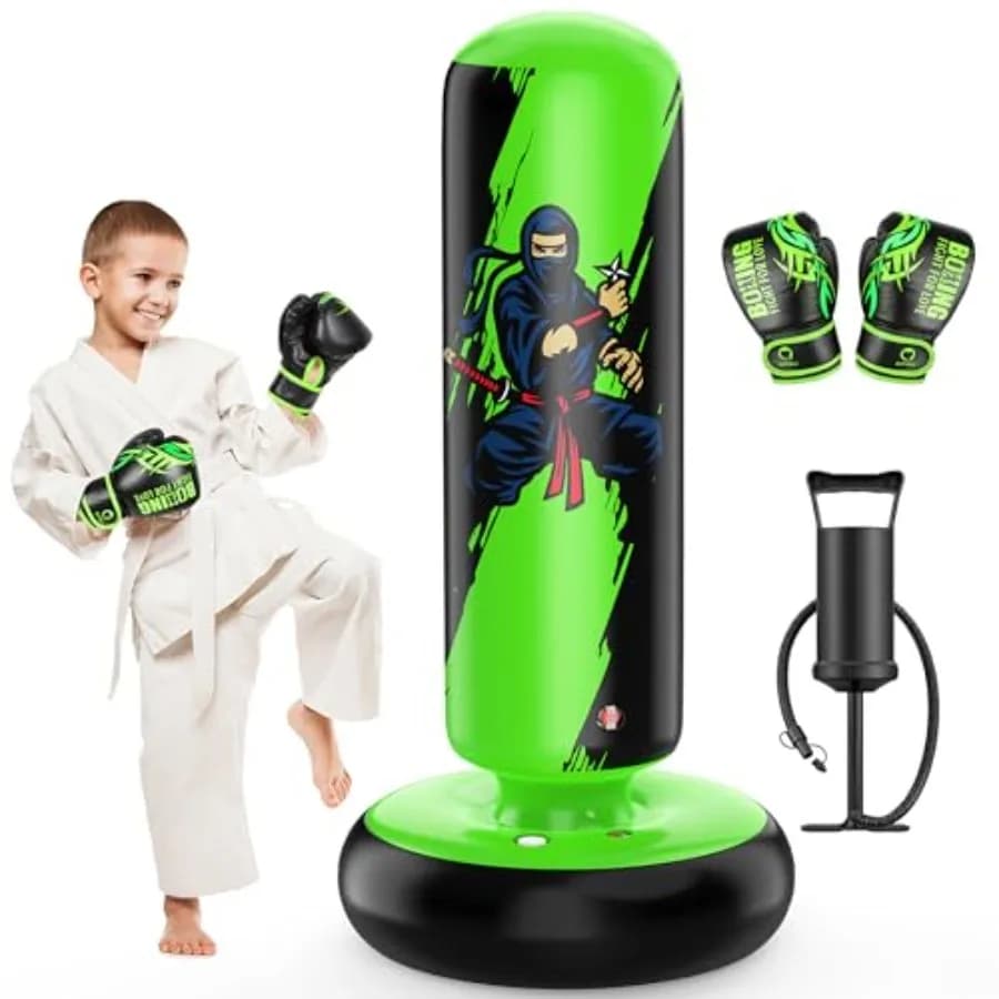 Sacco da Boxe Gonfiabile Stabile da 66 Pollici con Guanti da Boxe, Sacco da Boxe da Terra per Bambini e Bambine dai 6 ai 12 Anni, Boxi