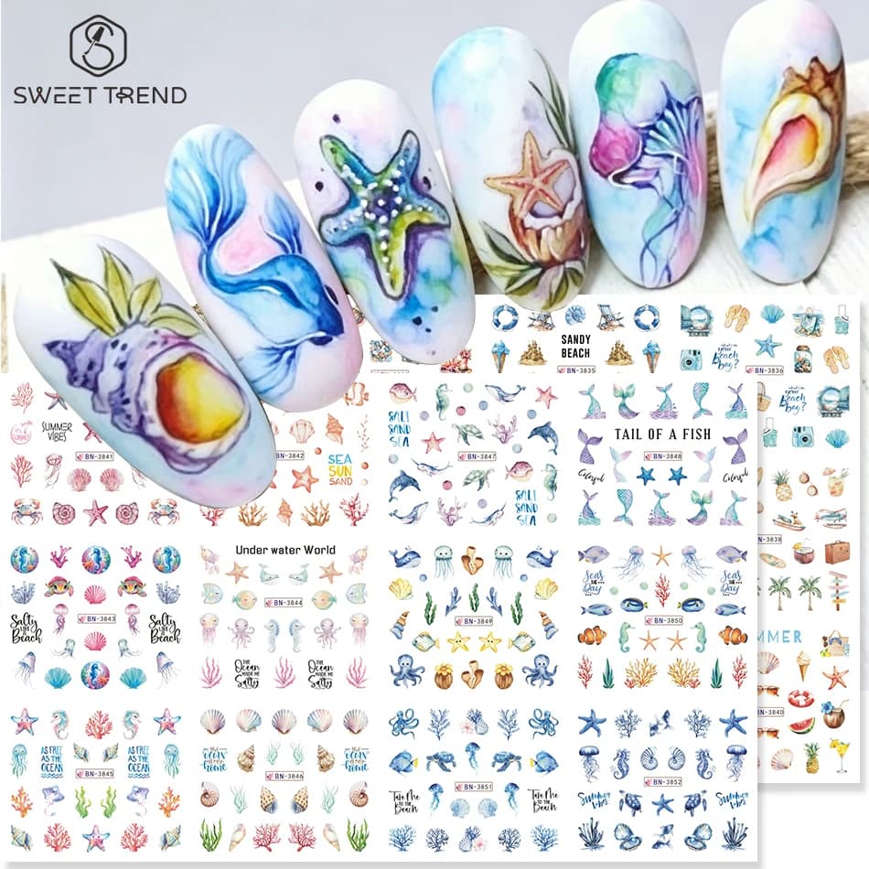 12 Designs Summer Ocean Theme Nail Sticker Colorful Conch Starfish Jellyfish Beach Design Water Transfer Slider Manicure Decor