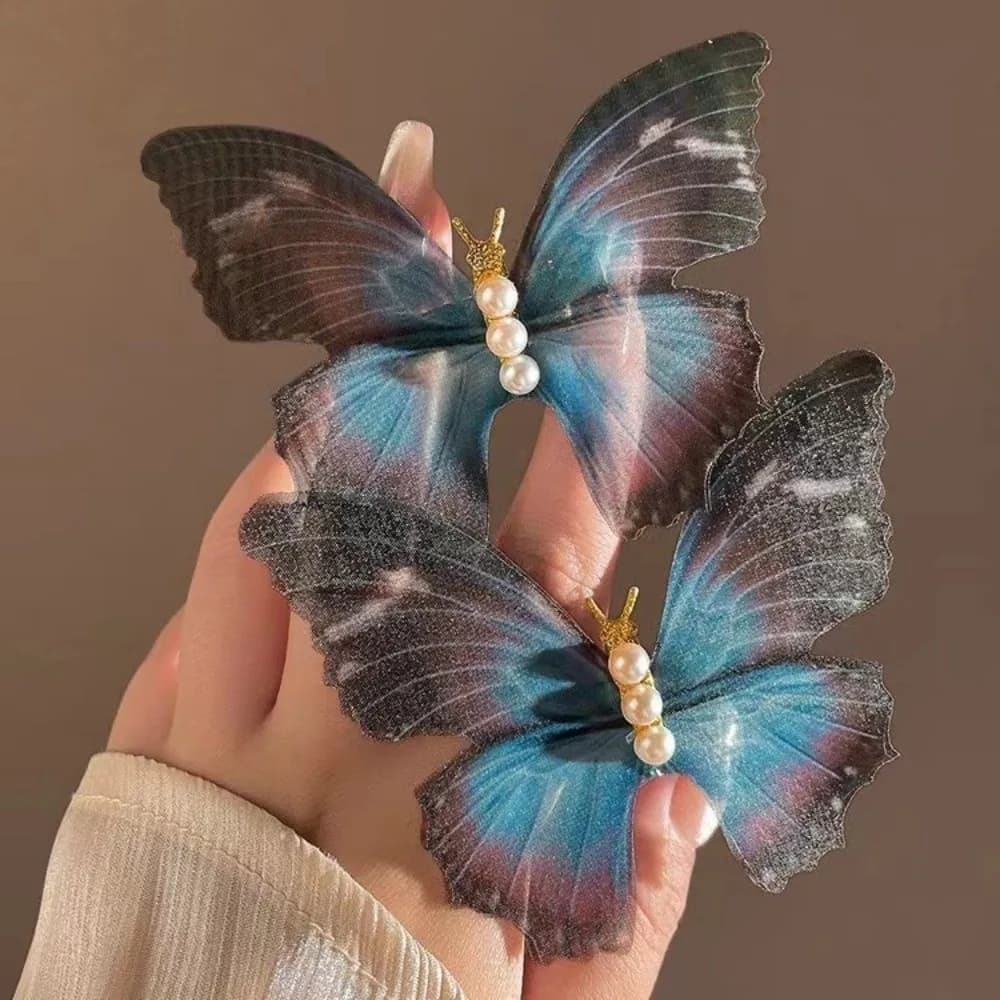 Fermagli per capelli a farfalla Sweet Pearl, fermagli a becco d'anatra da donna in pizzo blu a rete con farfalle, stile sognante