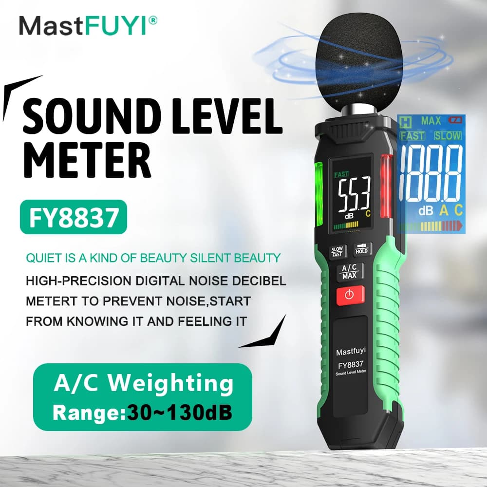 MASTFUYI Misuratore di Rumore Digitale A/C 30-130dB, Alta Precisione per Casa/Studio/Industria e Analizzatore Audio