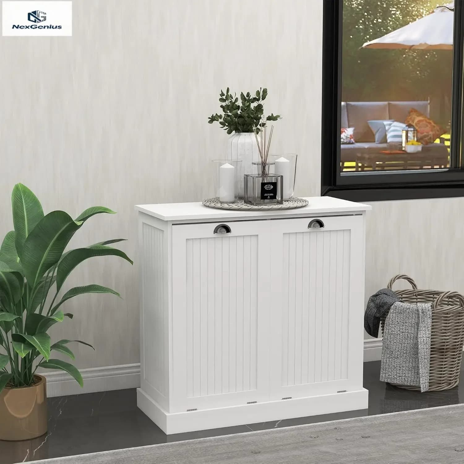 Contenitore per rifiuti bianco autoportante, a doppia inclinazione, a prova di cane, per la raccolta differenziata, con funzione di armadietto e isola cucina, ideale per lavanderia e cucina