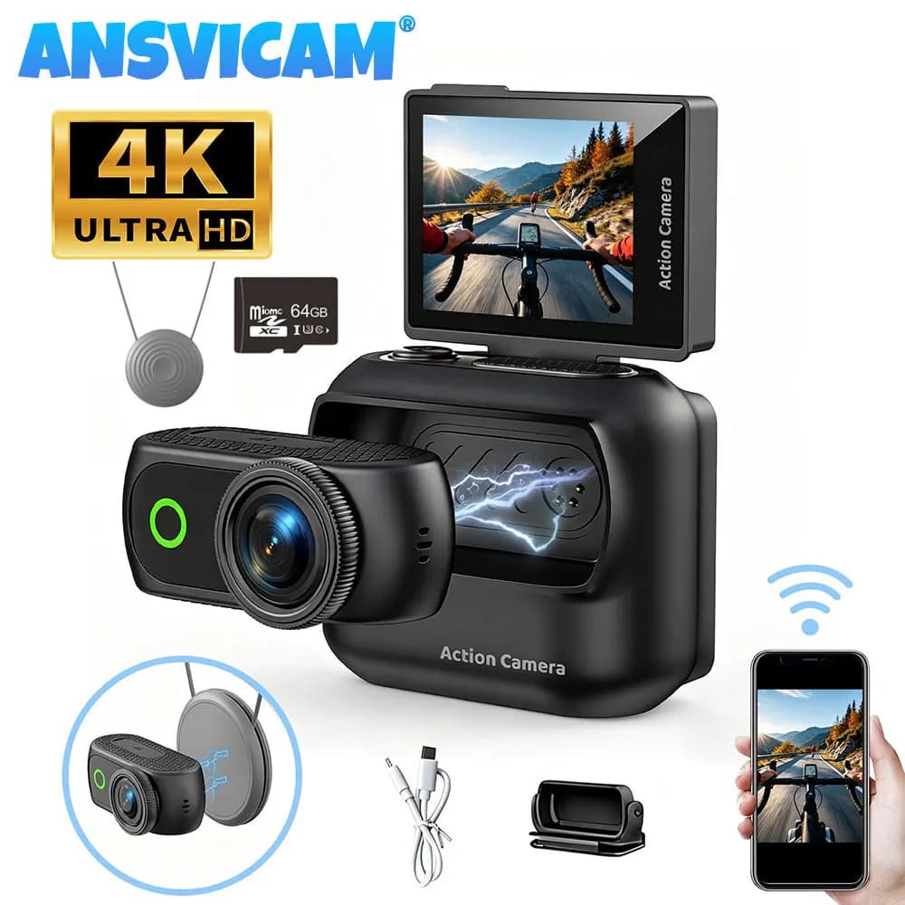 ANSVICAM 4K WiFi Magnetic POV Mini Action Camera with Charging Case Anti-shake Wearable Pocket Video Vlogging Cam Helmet Bodycam