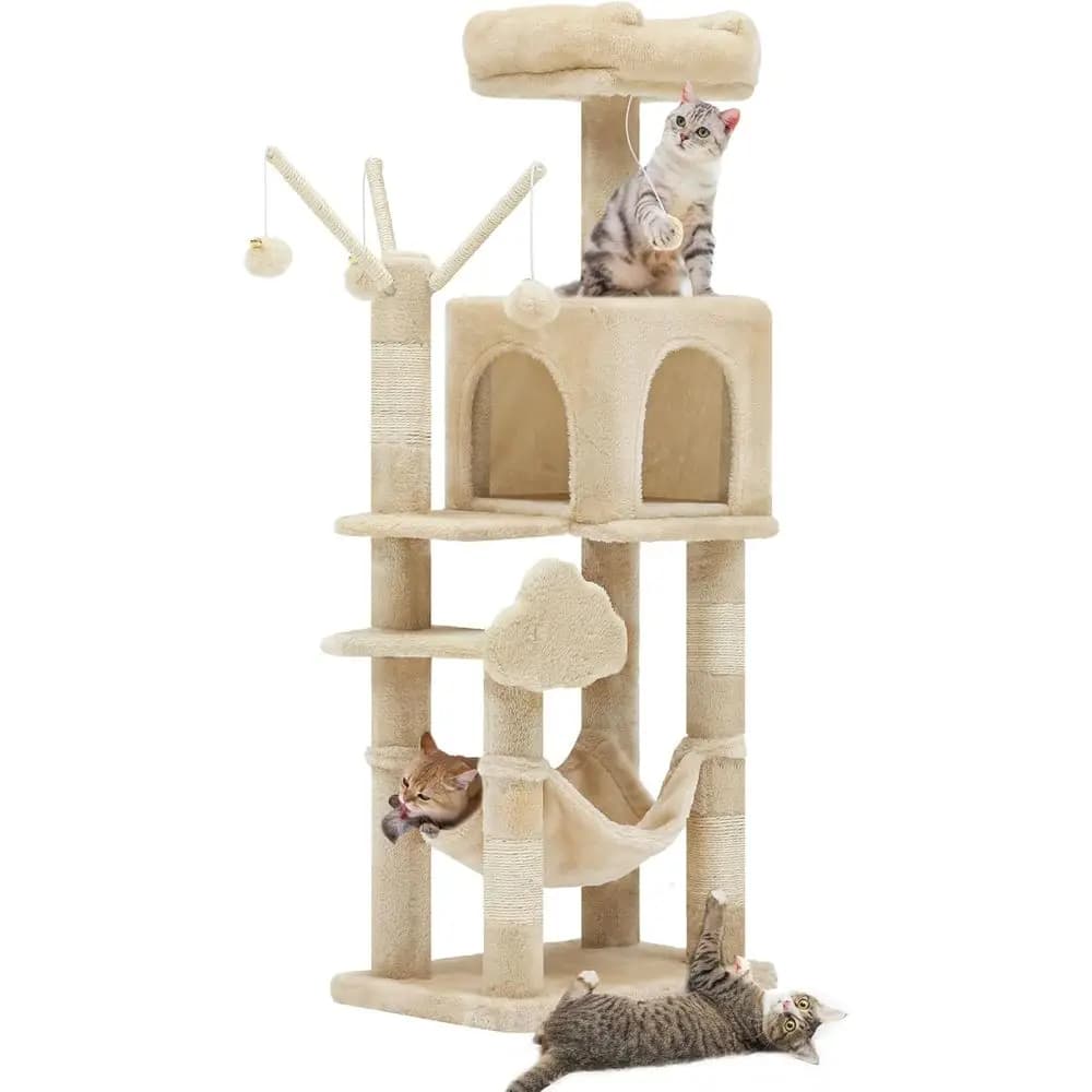 Albero per Gatti Multilivello Beige con Tiragraffi, Cuccia Morbida, Amaca e Pompon Interattivi