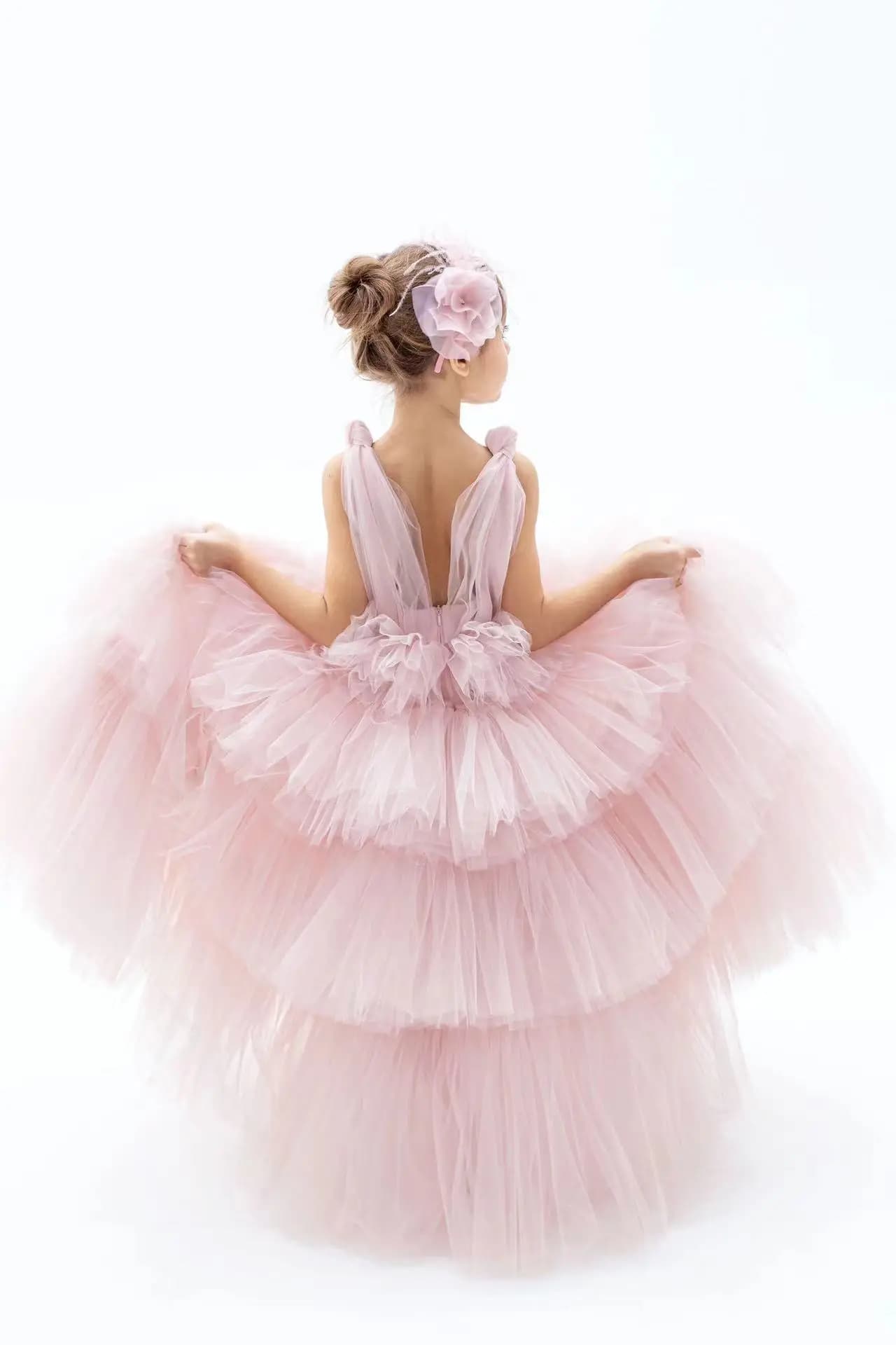Abito da ragazza a fiori personalizzato per matrimonio, tulle a strati rosa chiaro, senza maniche, soffice, per i primi abiti da festa di compleanno eucaristici