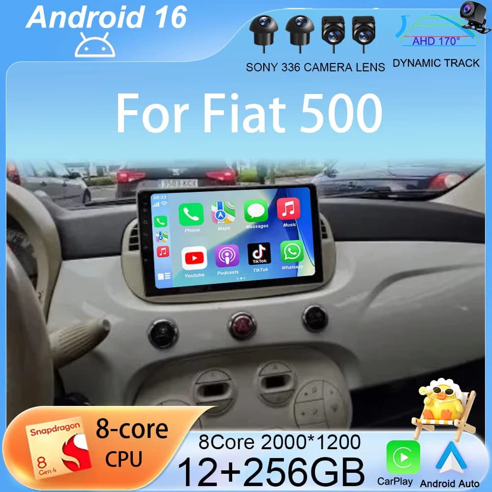 Autoradio Android 16 con Carplay per Fiat 500, Navigazione GPS, Controllo al Volante, Lettore Multimediale, WIFI+4G, Stereo 2din