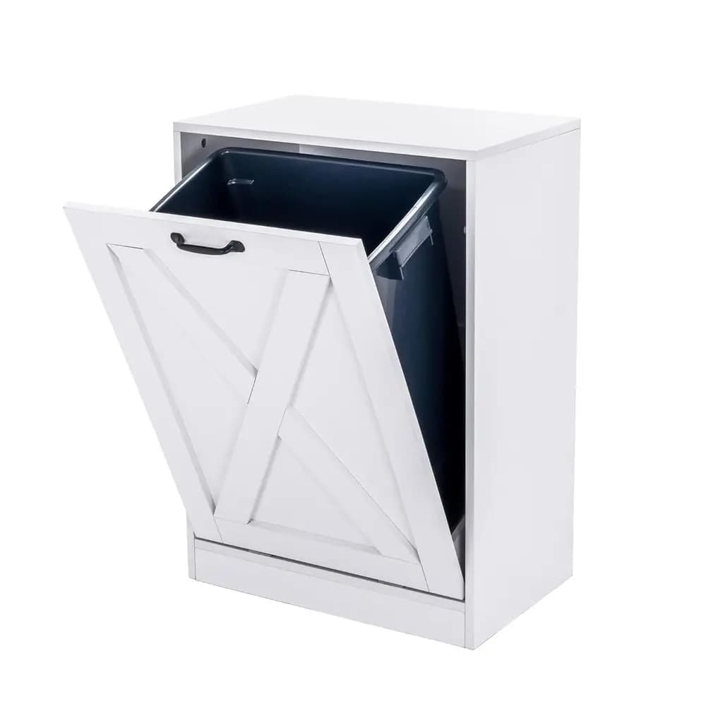 Mobiletto da cucina bianco in legno con contenitore per rifiuti e funzioni di raccolta differenziata a scomparsa