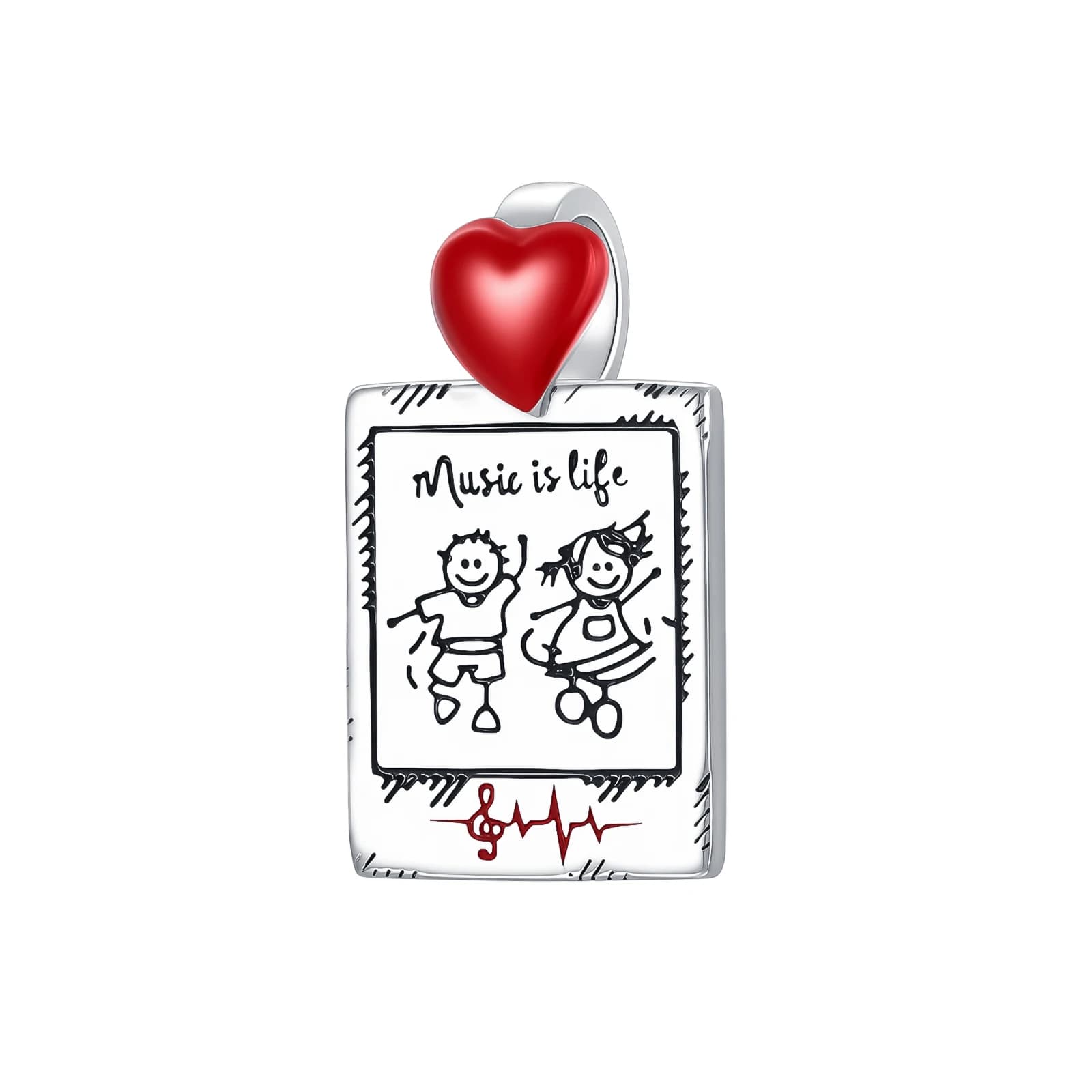 Ciondolo Charm in Argento Sterling 925 con Incisione 'Music is Life', Cornice Portafoto, Cuore e Nota Musicale, Compatibile con Bracciali, Gioielli Regalo