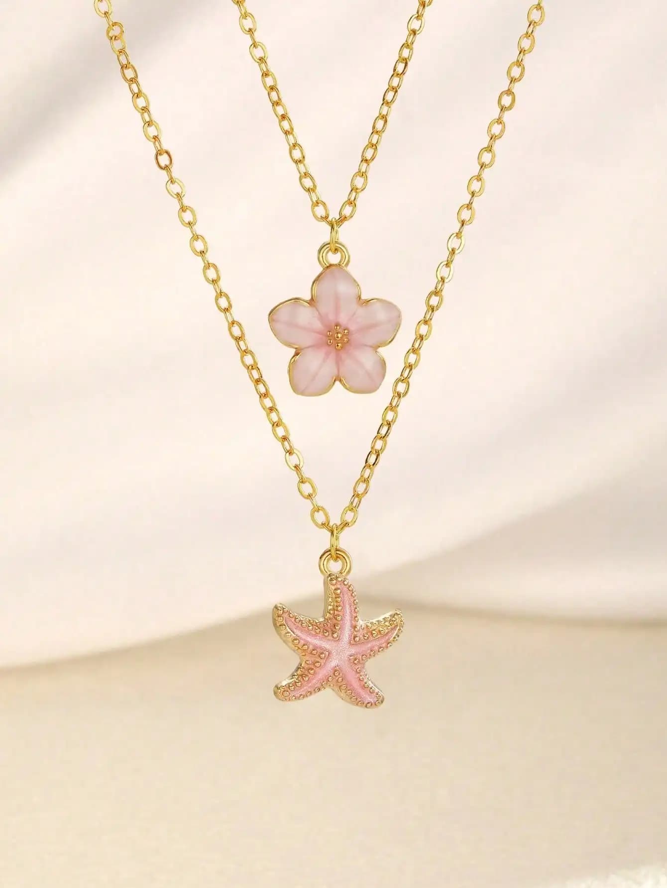 Set of 2 Necklaces with Pink Flower Shape Pendant and Stella Marina for Women, Ideal for Summer, Beach and Daily Use