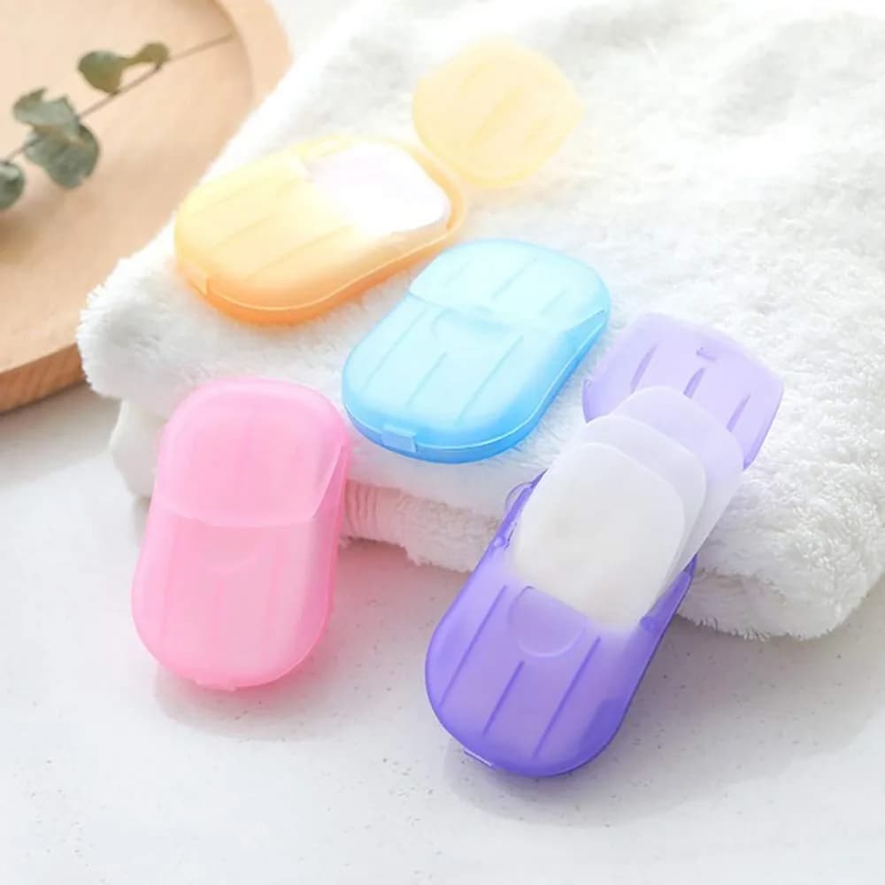4 pezzi mini foglio di sapone ricarica da viaggio all'aperto sapone usa e getta tablet scatola sapone carta portatile lavaggio a mano tablet sapone da bagno
