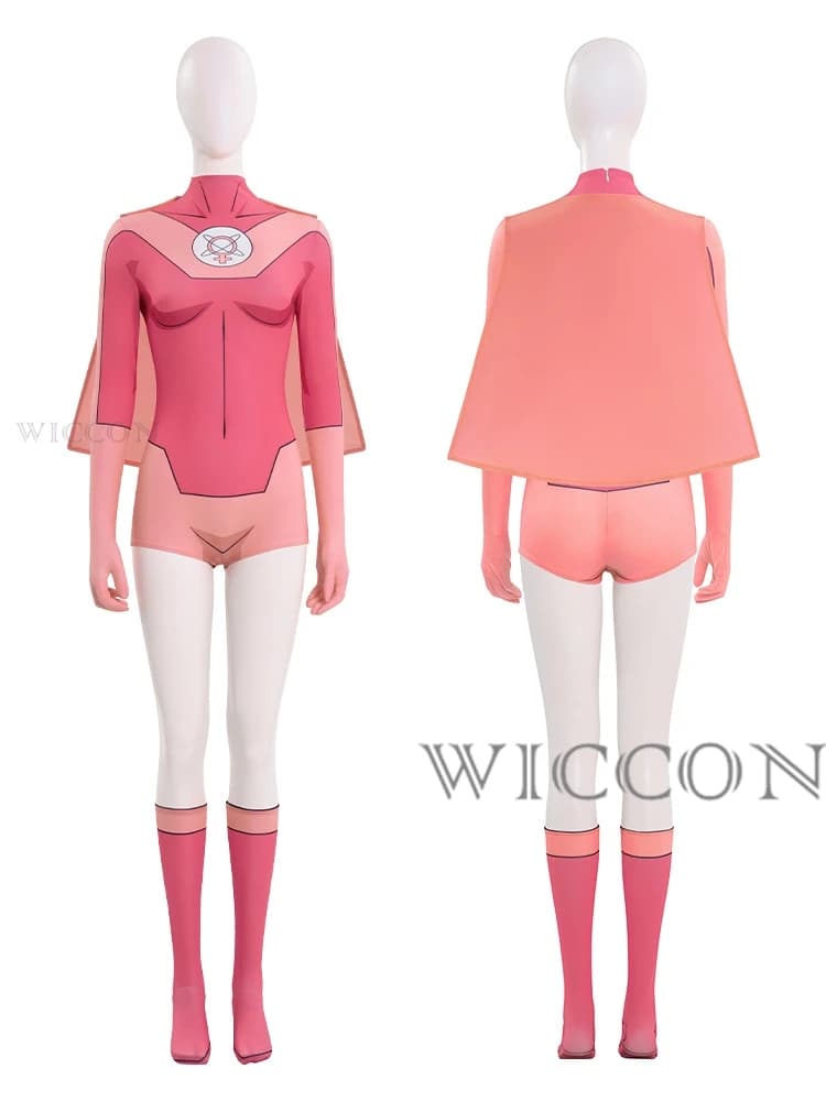 Invincibile Pink Atom Eve Tuta Cosplay Mantello rosa Mantello da supereroe Costume cosplay Anime Tuta Parrucca da donna di Halloween