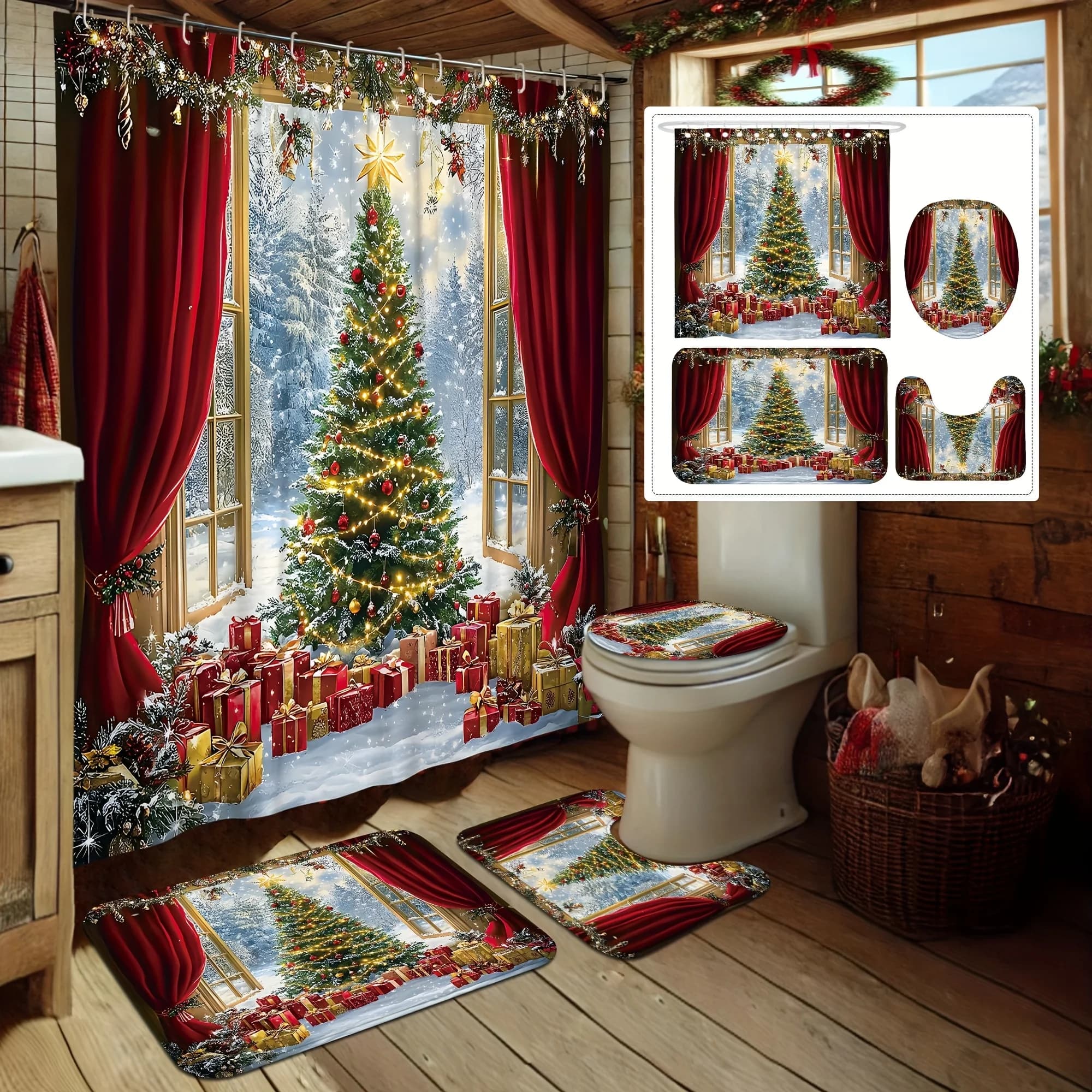 Set doccia di Natale da 4 pezzi, regalo di neve sull'albero, lavabile in oro rosso, scena invernale, decorazione per il bagno delle vacanze, 12 ganci, tappetino antiscivolo, copertura a forma di U