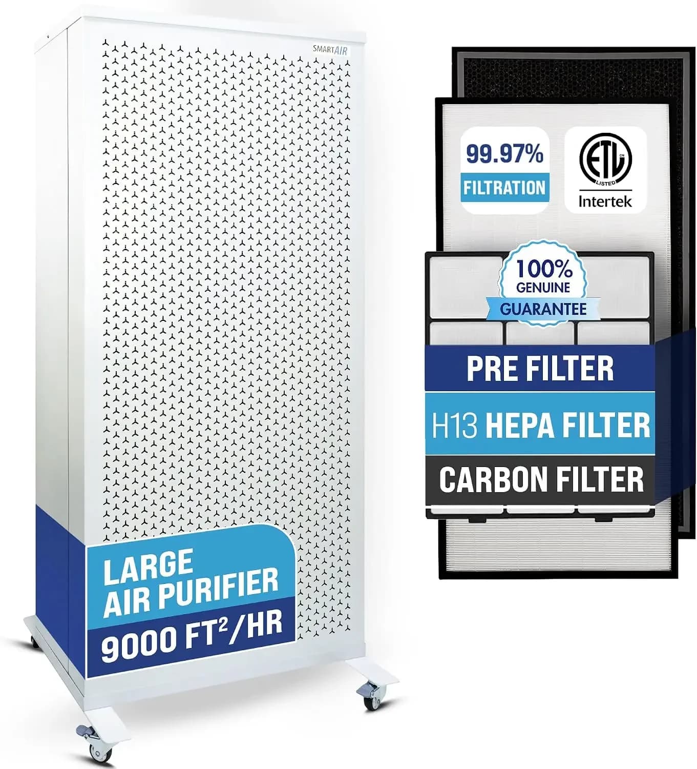 Smart Air Blast MKII Large Room Air Purifier Up to 9000 Sq Ft/hr 1200 CFM 99.97% True H13 HEPA Filter Carbon Filter Washable Prefilter for Home Office Pet Hair Dust Mold Smoke Allergies Pollen