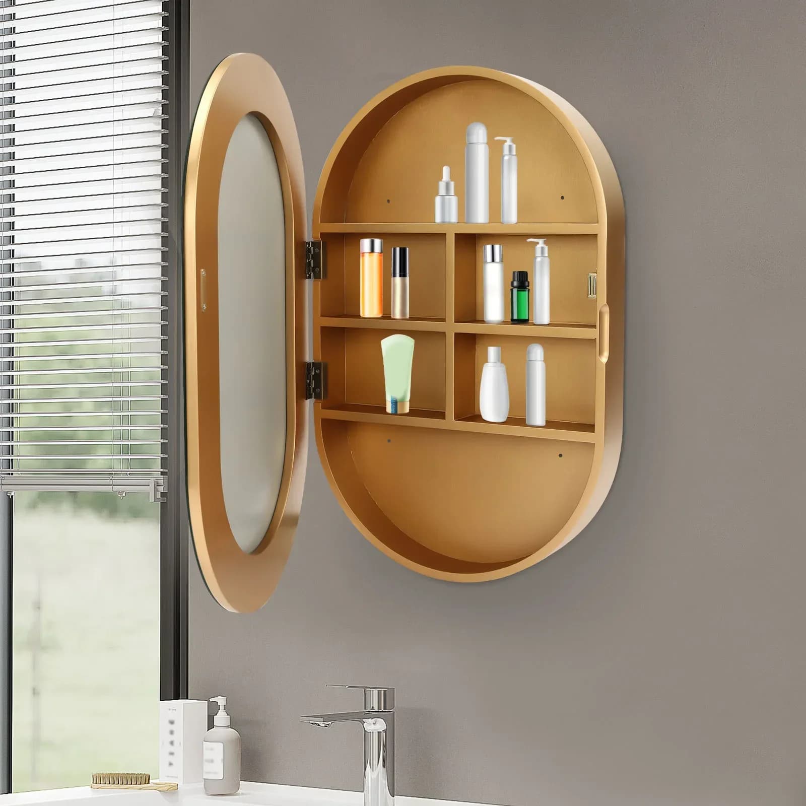 Specchio da bagno ovale con armadietto portaoggetti Organizzatore a 3 livelli montato a parete Specchio cosmetico moderno oro nero bianco