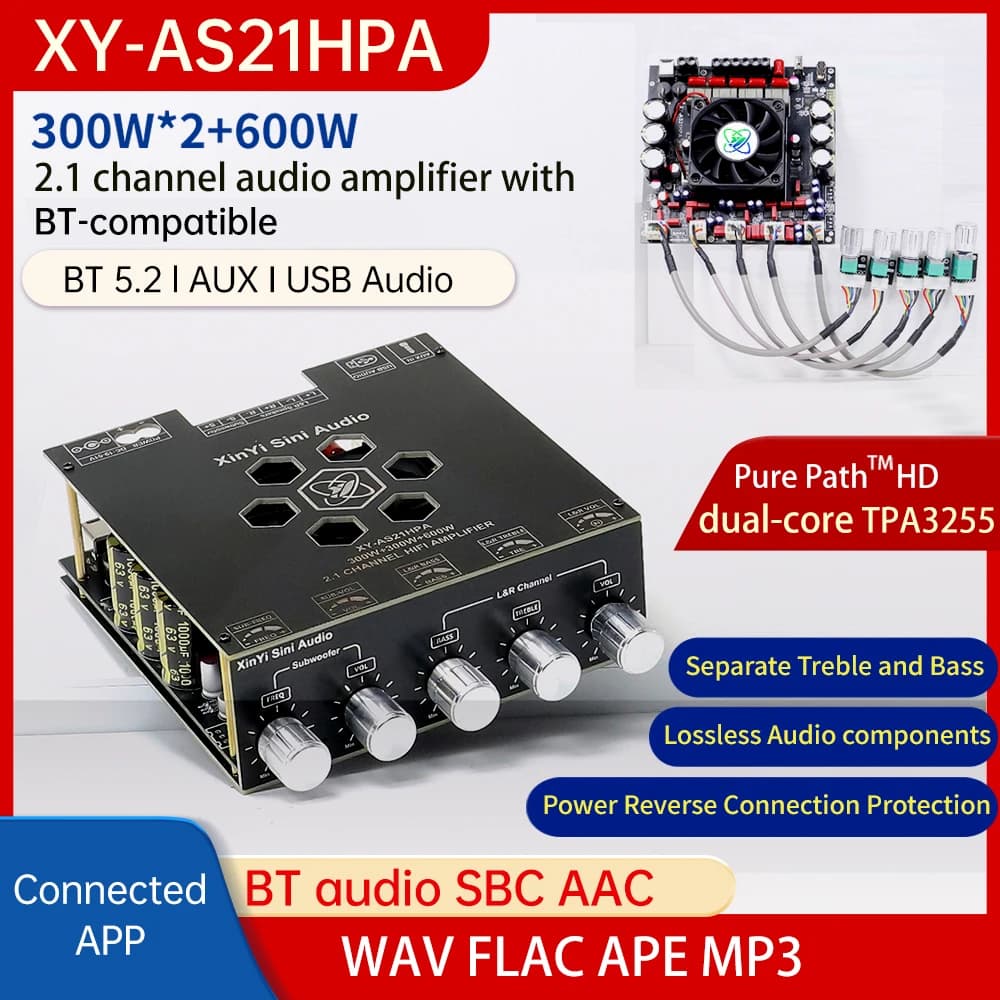 AS21HPA High-Power Bluetooth Digital Amplifier Board 2.1-Channel Audio Amplifier 300W*2 + 600W TPA3255 Bluetooth Speaker Board