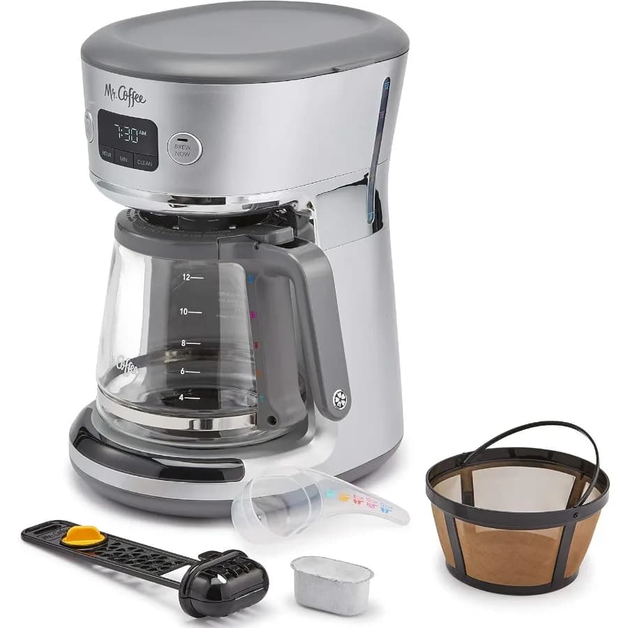 Caffettiera programmabile da 12 tazze con filtro riutilizzabile tono oro in argento/cromo per una misurazione facile e un utilizzo conveniente