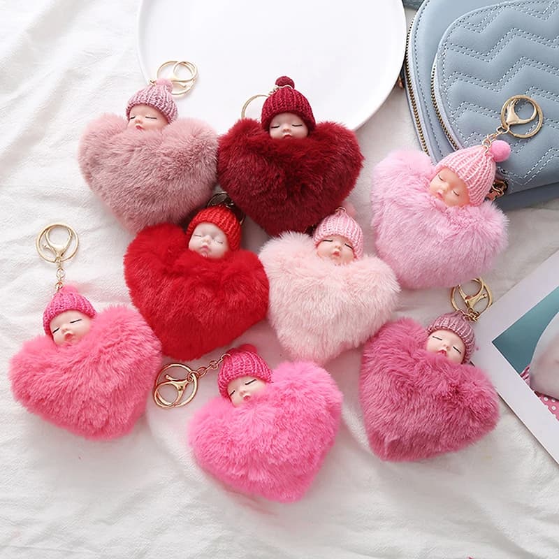 Plush fishing heart pompon sleeping doll keychain hanging bag for women girls fashion jewelry charming furniture