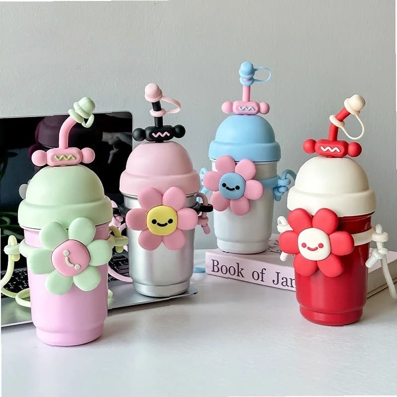 Floral Vacuum Insulated Tumbler student 316 Stainless Steel High-Capacity Straw Cup Sunflower Water Bottle with Rope Handle