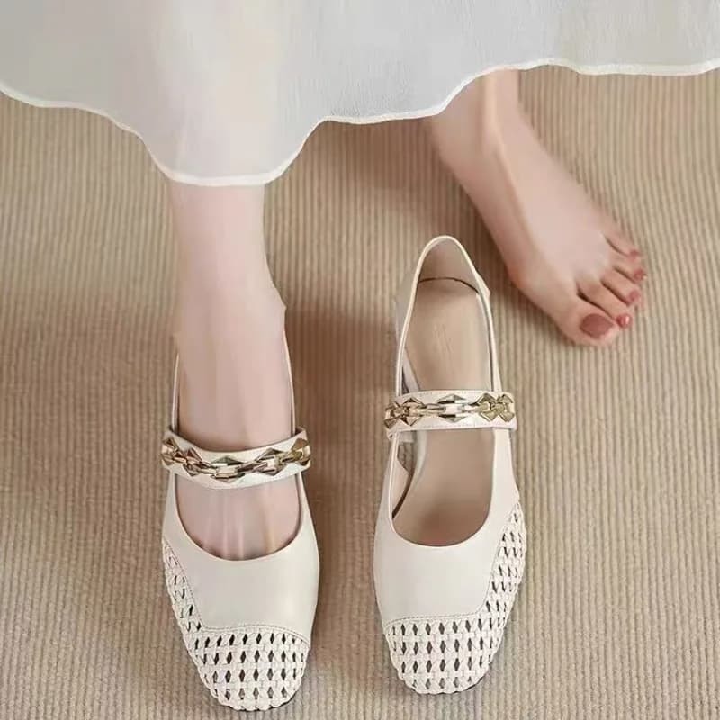 2025 Scarpe basse in rete decorativa con catena dolce e semplice delle nuove donne alla moda - Testa quadrata in rete cava