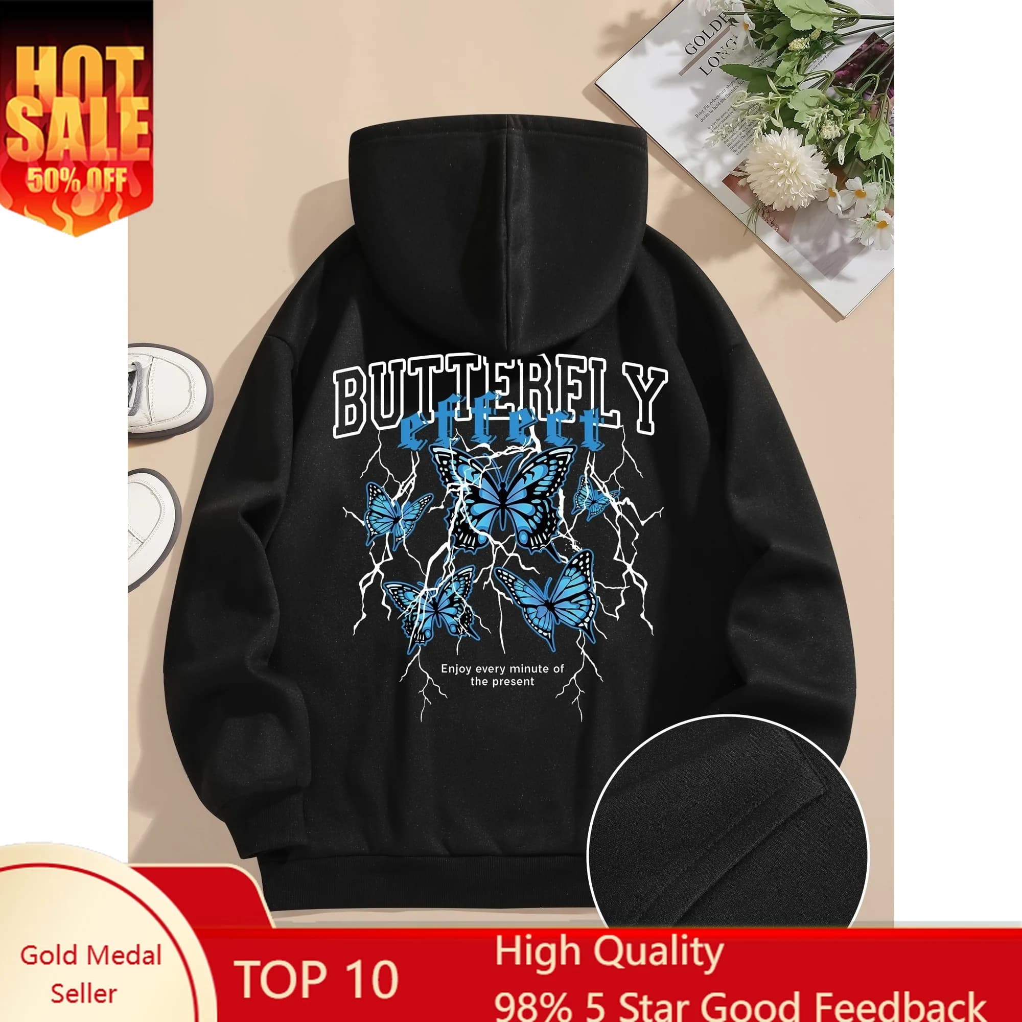 Comfortable women's hoodie with fleece-lined butterfly graphics - Long casual sleeve with drawstring and front pocket, washing machine