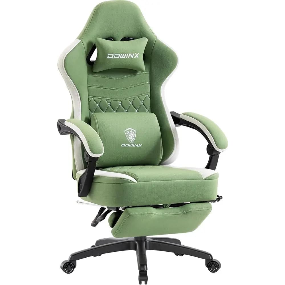 Sedia da Gaming in Tessuto Traspirante con Imbottitura in Gel, Borsa Portaoggetti e Poggiapiedi - Comoda Sedia Ergonomica da Computer in Verde e Bianco