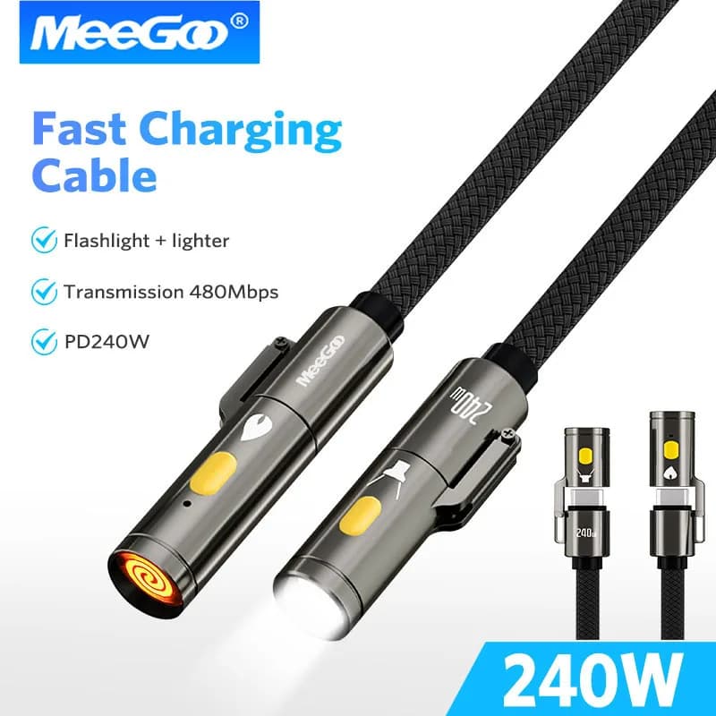 Quick charging cable MeeGoo 240w from type C to type C, multifunctional with lighter and USB C cable braided with LED for all phones