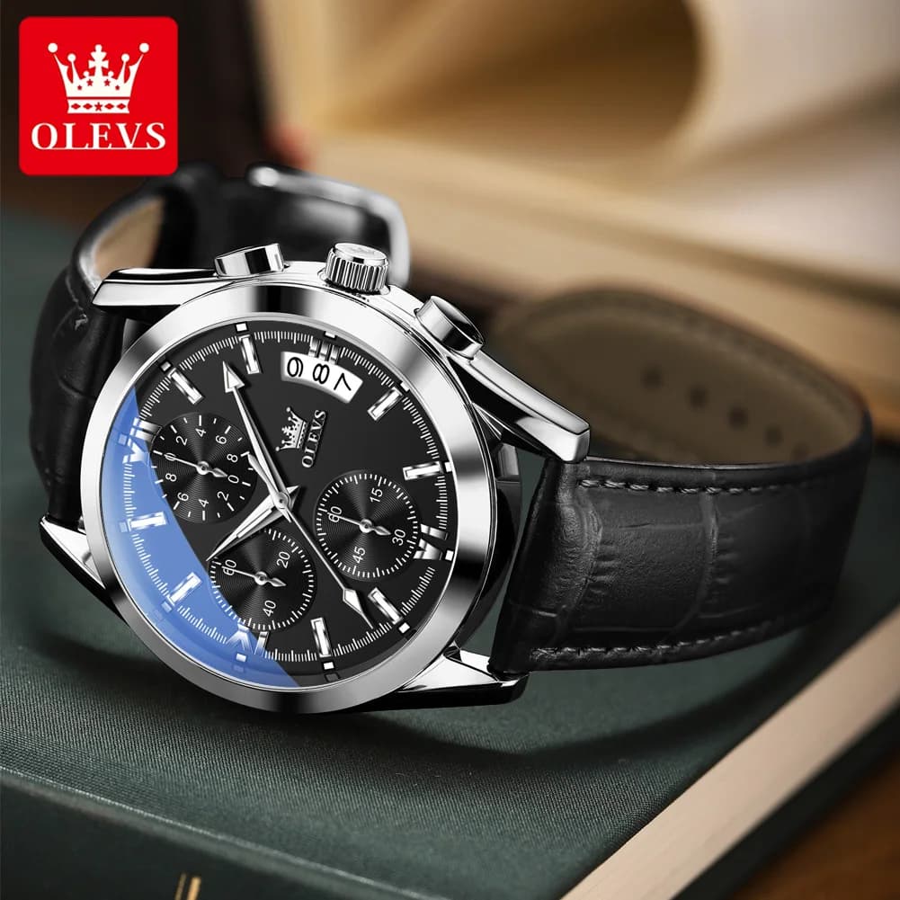 OLEVS Top Brand Luxury Men Watch Leather Strap Calendar Waterproof Business Men Casual Chronograph Quartz Watch Reloj Hombre