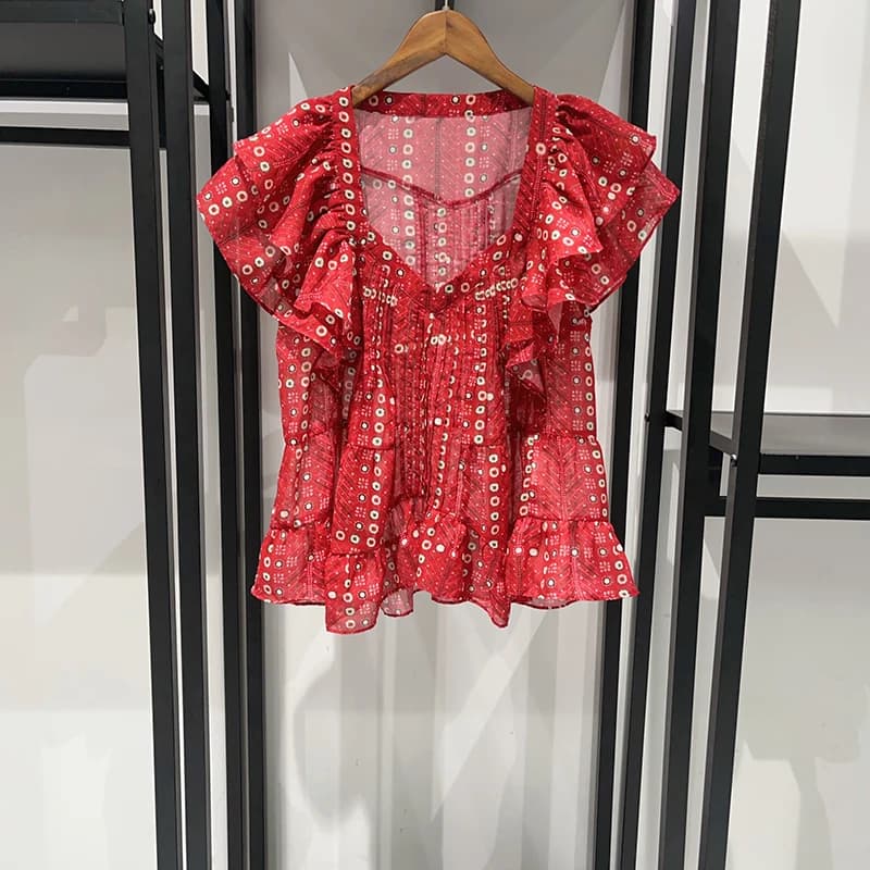 T-shirt rossa da donna stile boho con maniche a volant, scollo a V, in misto cotone, top casual estivo con stampa a pois, Nuovi arrivi Primavera 2026 Y2K