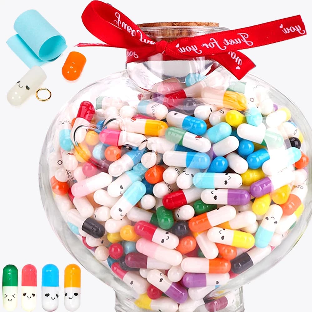 Capsule per messaggi Pillola d'amore con rotolo di carta Note vuote Bottiglia dei desideri Capsula Sorriso Emoticon Bomboniera Festa Regalo di San Valentino