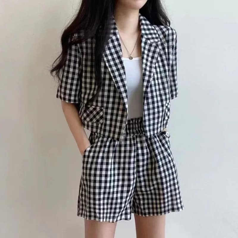 Chic Summer Vintage Short Sleeve Plaid Small Suit Jacket High Waist Wide Leg Pants Two Piece Set Floral Print Cotton Blend