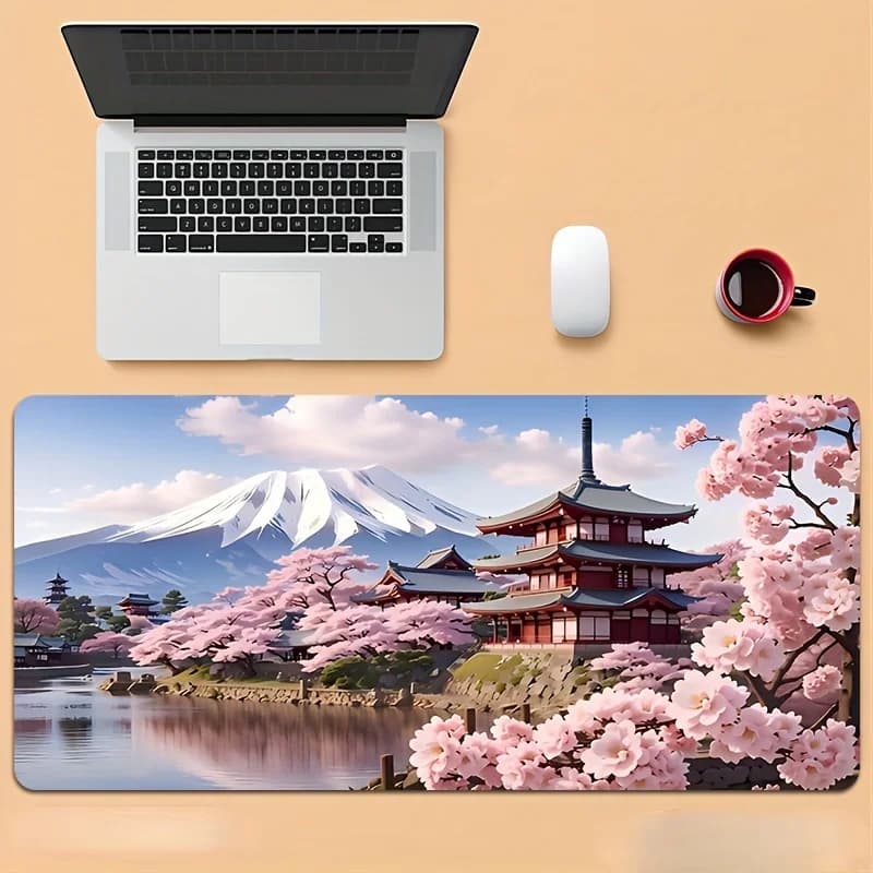 Tappetino per mouse grande Mount Fuji Cherry Blossom Temple, tappetino da scrivania in gomma antiscivolo per ufficio e gaming