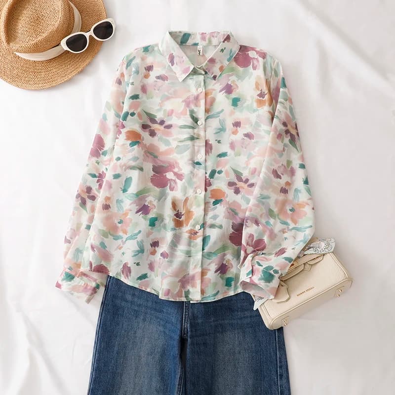 Watercolor Print Flax Shirt Loose Women's Top Spring Summer New Style Artistic Small Shirt Versatile Loose Fit Female Upper A...