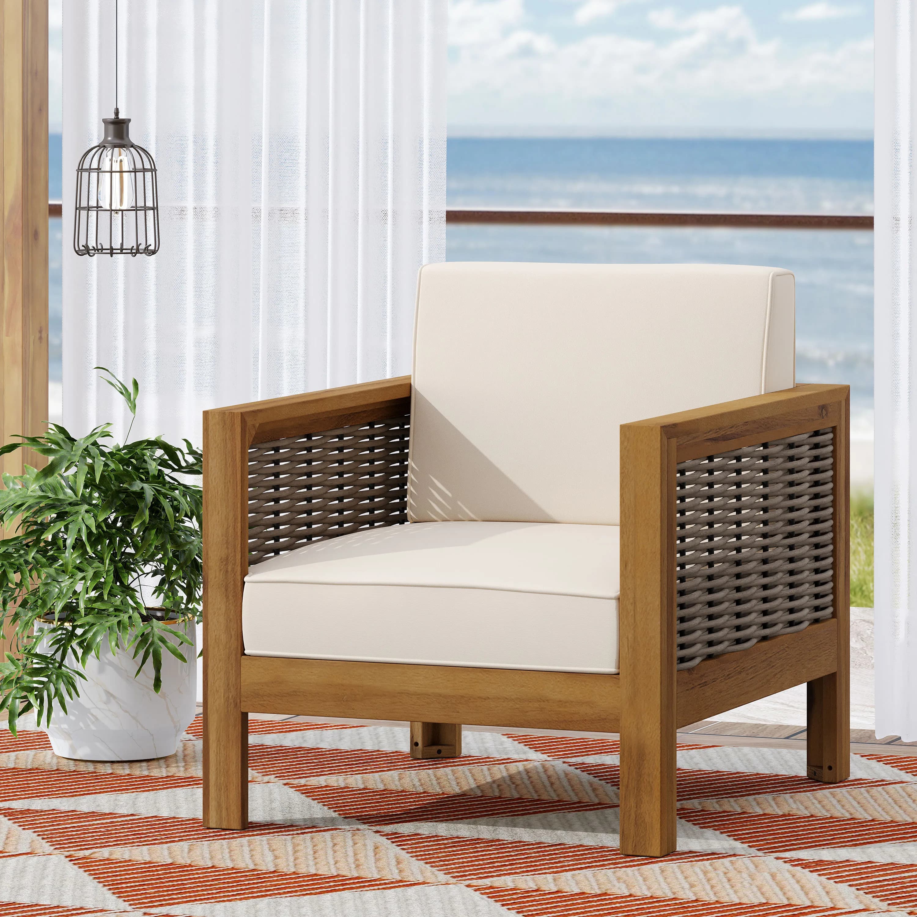 Sedia da pranzo moderna in teak per esterni - Cuscino grigio chiaro in corda impermeabile, mobili da giardino e patio con gambe in legno