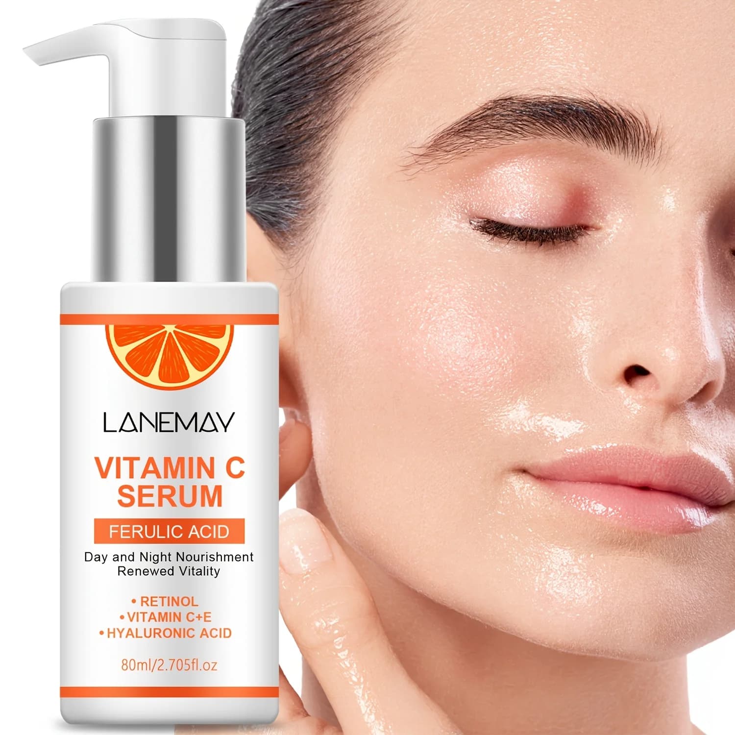 Serum of vitamin C with ferulic acid and hyaluronic acid: moisturizes and cleanses the skin, restores brightness, improves opaque skin